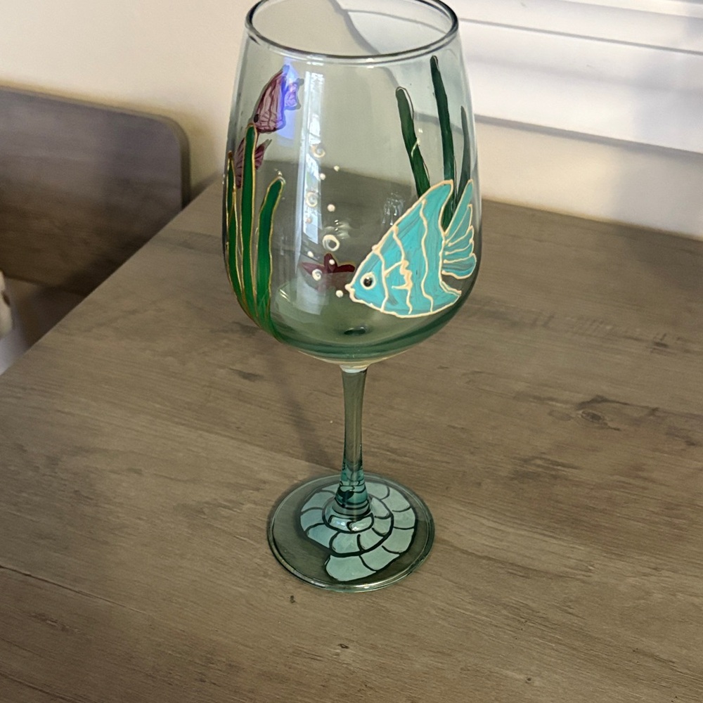 Hand painted Green Wine Glass with Fish Design